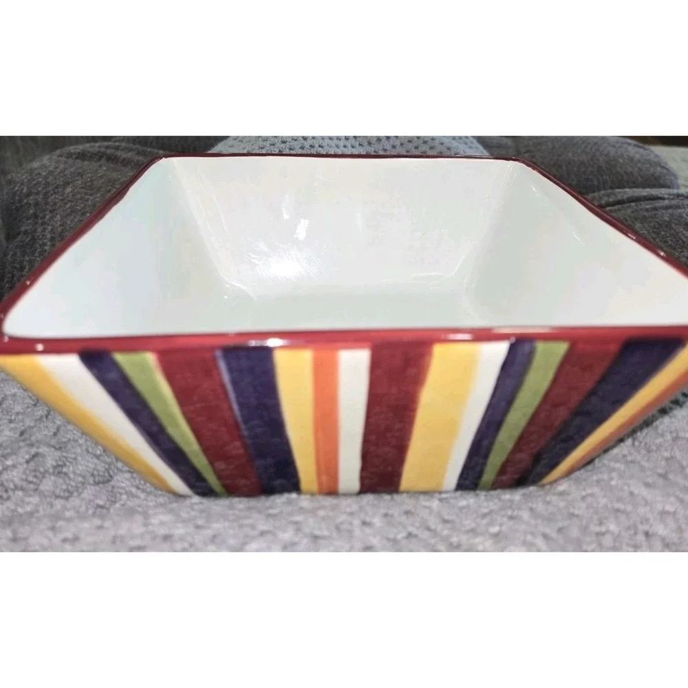 Pampered‎ Chef Simple Additions Square Striped Multicolor Ceramic Serving Bowl